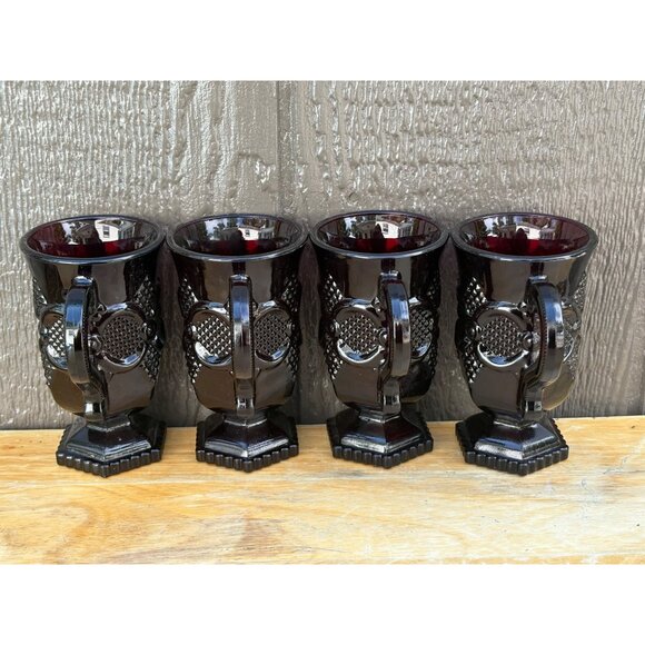 Set Of 4 Vintage Ruby Red 1876 Avon Cape Cod Pedestal Glass Mugs With Handles - Picture 2 of 8